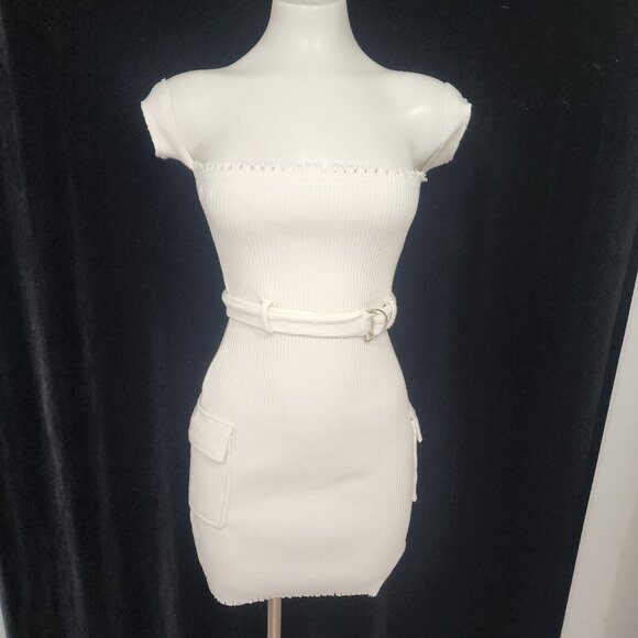Hot & Delicious Fitted Stretch Mini Dress White W/Arm Cuffs & Cargo Pockets Sz M - Picture 1 of 14